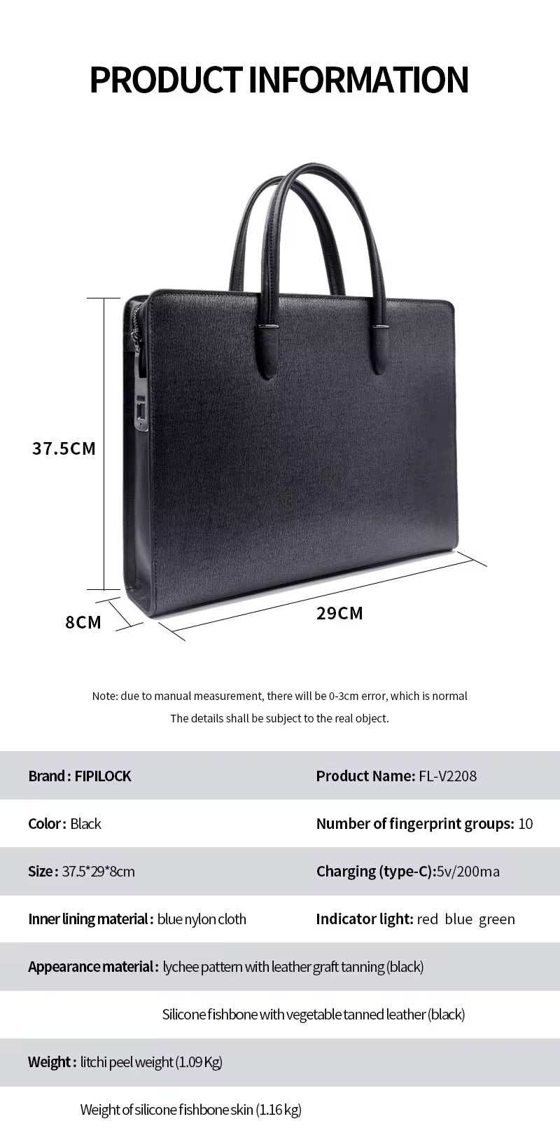 Sac à main d’affaire intelligent en cuir véritable avec serrure à empreinte digitale