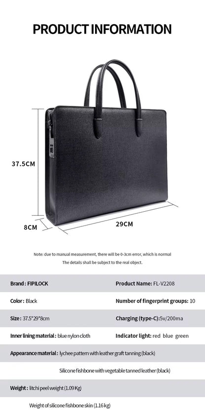 Sac à  main d’affaire intelligent en cuir véritable avec serrure à empreinte digitale