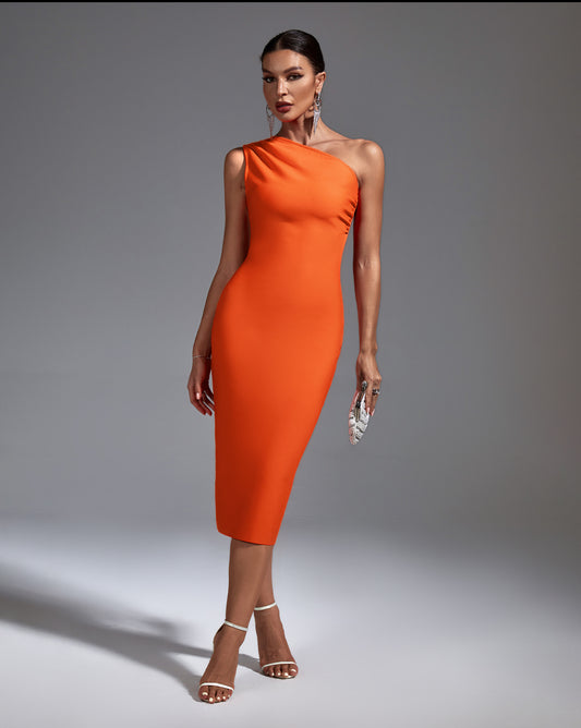 Orange one shoulder sleeveless bandage dress