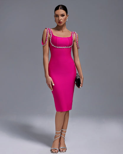 PD24011Ro Rose strappy drill chain midi bandage dress