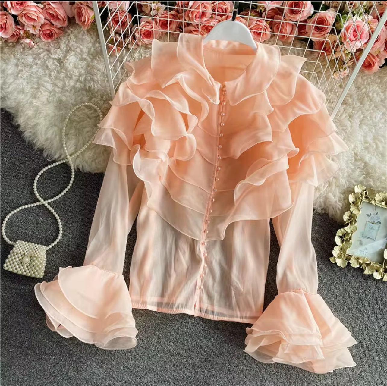 Blouse cardigan à manche longue organza